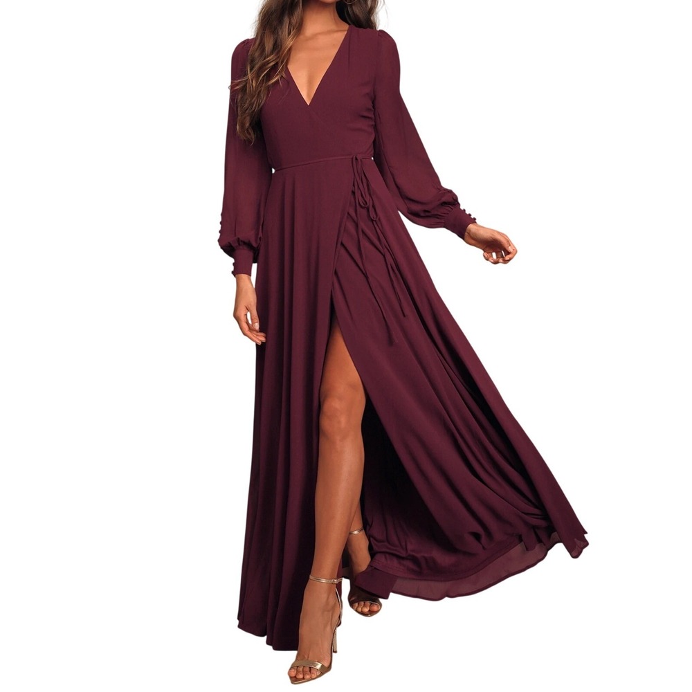 Lulus Burgundy Chiffon Long Sleeve Maxi Wrap Dress Plum XS Autumn‎ Wedding Guest